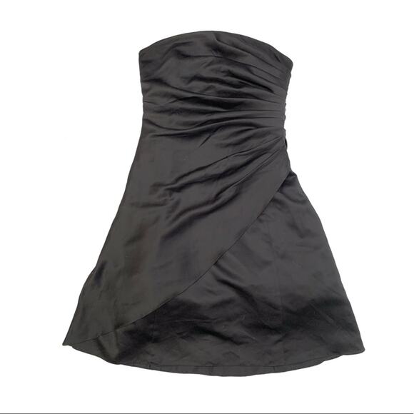 Black Ruched Wrap Over Strapless Midi A Line Dresd - Picture 2 of 11